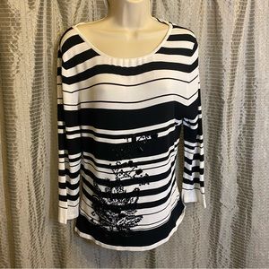 Cyrus Black and White Striped Sweater with Beaded Design Large